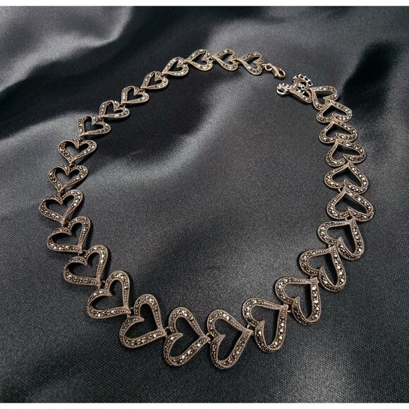 Vintage 1990s Marcasite Sterling Silver 925 Heart Link Necklace - Picture 2 of 6